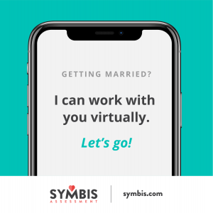 Photo of a phone on a teal backdrop saying "getting married I can work with you virtually. Let's go!" Begin online premarital counseling in Florida with forever free counseling 34203
